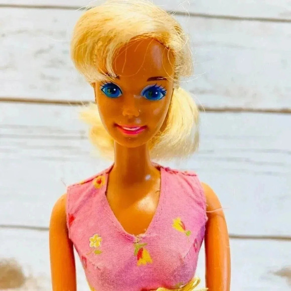 MATTEL BARBIE Blonde Hair Blue Eyes Pink Floral Dress 12" Tall - Picture 2 of 11